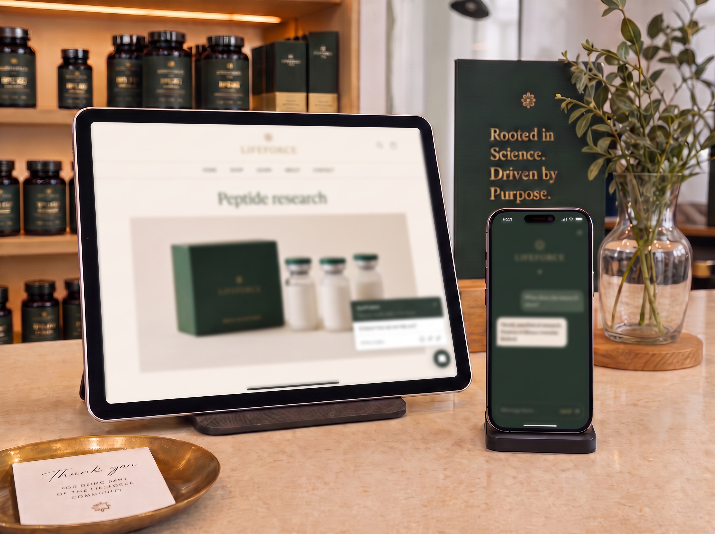 Tablet and phone showing Pepi answering with an evidence-graded answer inside a partner storefront